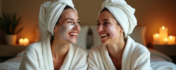 Two smiling women wear towels and bathrobes with face masks and under eye patches. They enjoy a cozy spa day at home with candles and soft lighting, sharing laughter and good times together.