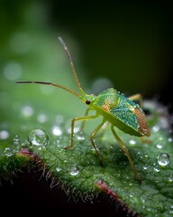Aphid Feeding On Green Leaf With Dew Droplets Detailed Macro Nature Insect Ecology Photography
