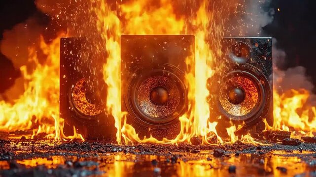Three speakers engulfed in flames, surrounded by ash and smoke, creating a dramatic scene.