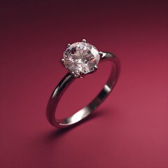Diamond Engagement Ring Floating On Maroon Background Studio Luxury Jewelry Romance Proposal Concept Photography Elegant