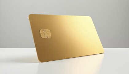 A golden credit card with an embedded chip sits on a white surface against a grey background. The card is blank, suitable for custom branding or design.