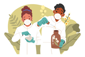 Obraz premium Young scientists working on homeopathic product formulation and botanical extract standardization