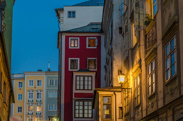 Night urban scene, architecture in the old town of Linz, Austria