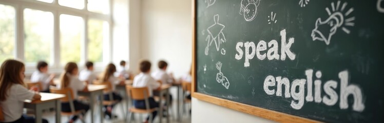Children sit at desks in a bright classroom. A green chalkboard displays speak english written in chalk. Students listen attentively during lesson.