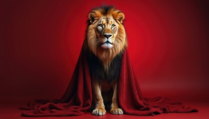 Majestic lion with full mane wears red cloth on red studio background. This powerful wild animal sits elegantly, looking directly at camera with intense eyes, conveying strength and regality.