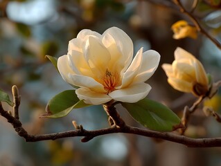 Fototapeta premium Creamy Magnolia Blossom Opening Gracefully On Branch Celebrating Elegant Spring Floral Renewal Nature Beauty Photography