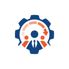 This is a logo design that depicts a cog with three abstract workers in it and a circular arrow in orange. It can be used for work place efficiency or office related purposes. 