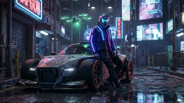 Cyberpunk racer leaning on car with floating drone in neon city night 3d render