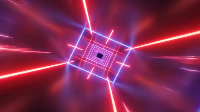 A vibrant tunnel of neon squares receding into the distance, creating an abstract visual effect.