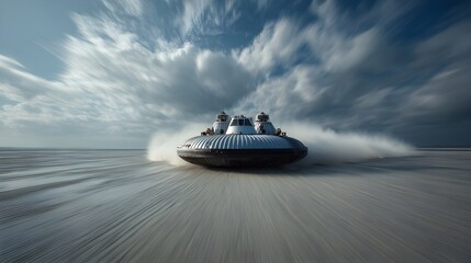 Hovercraft gliding over shallow sands at high tide futuristic coastal transport exploration