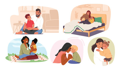 Happy family together scene showing father, mother and child hugging, smiling and spending time