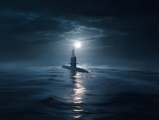 Submarine periscope breaking calm sea surface evoking naval surveillance maritime tension defense technology concept