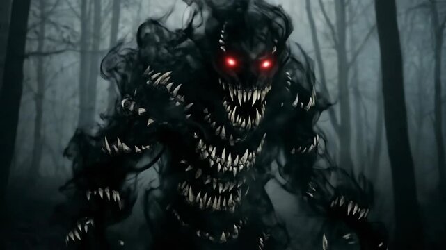 Dark Fantasy Shadow Creature with Glowing Red Eyes in Misty Forest 3D Render