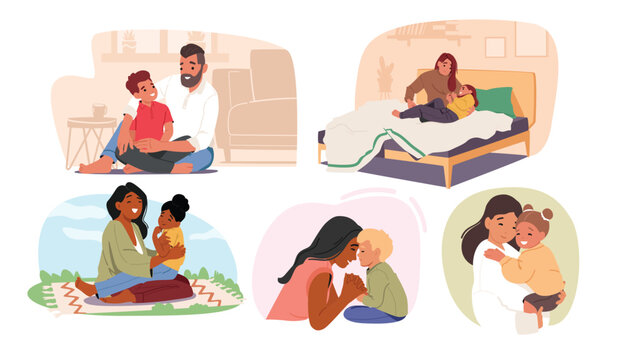 Happy family together scene showing father, mother and child hugging, smiling and spending time
