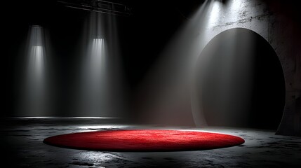 Empty TED style stage with iconic red circular carpet dramatic presentation atmosphere ideas conference setting