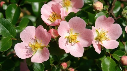 captivating close up reveals the delicate beauty of pink dog rose blossoms amidst lush green foliage in a vibrant outdoor setting