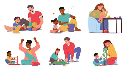 Parents and kids playing together at home focusing on quality time and family bonding isolated set