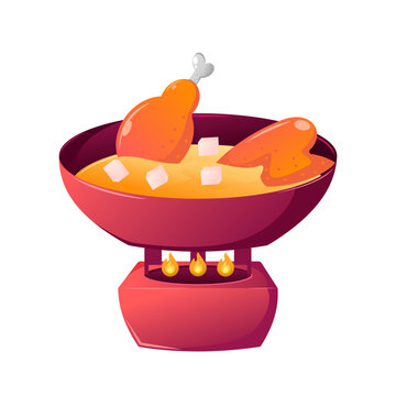 Vector illustration of opor ayam, a traditional Indonesian dish, in a red pan with pieces of chicken on top, usually served during Eid al-Fitr or Lebaran celebrations in Southeast Asia.