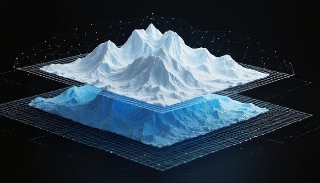 Layered 3D topographic maps show mountain elevation data. Digital terrain models are superimposed on a grid. Abstract data visualization represents landscape geometry.