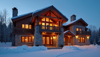 Rustic wooden and stone lodge sits in snowy landscape at dusk. Warm light glows from windows, inviting refuge from winter cold. Exterior features timber frame, balconies, and chimneys.
