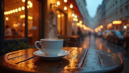 Steaming coffee cup sits on wet cafe table on European street evening. Warm lights reflect on wet wood. City street scene after rain at night.