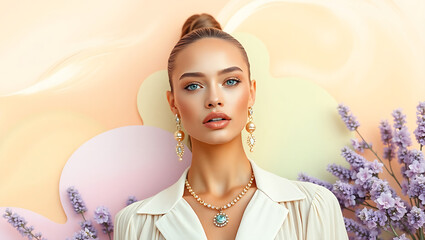 An intelligently generated image of a beautiful young woman on a floral background