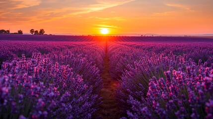 Fototapeta premium A breathtaking sunset casting a warm glow over a vibrant field of lavender. The sky is painted with shades of orange and pink, creating a serene and picturesque scene. 