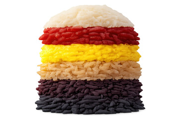 Fototapeta premium Layered colorful rice showing natural food variety, stacking grains in multiple vibrant colors on transparent background