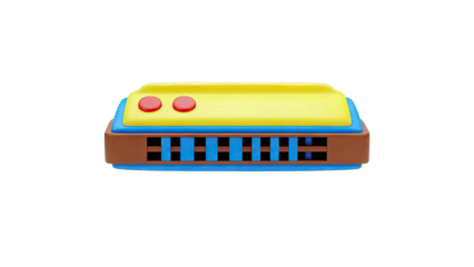 Colorful toy harmonica with blue, yellow, brown, and red elements