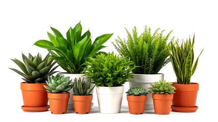 Fototapeta premium A collection of assorted potted plants, showcasing a variety of vibrant green leaves and textures. They bring a touch of nature and freshness into the space