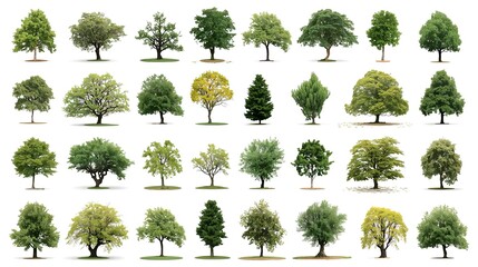 Collection of various trees, showcasing diversity of foliage, shape and size