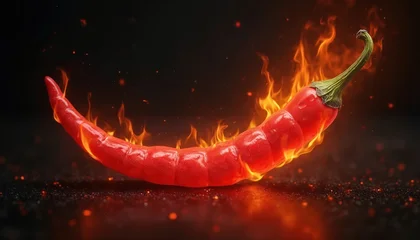 Keuken achterwand Hete pepers Fiery red chili pepper burns intensely with bright orange flames licking its surface. Sparks fly around the hot vegetable against a dark background. This image conveys extreme heat and spicy flavor.  © Vadym