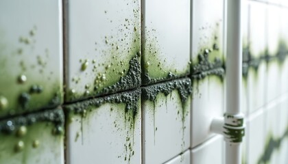 Green mold and mildew grows on bathroom tile grout lines and around a white pipe. Unhygienic dampness spreads on wall surface. Visible water damage requires urgent repair action.