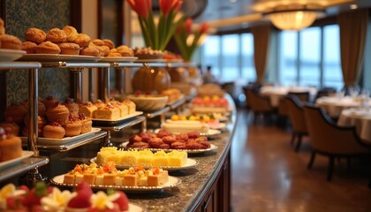 Luxurious buffet breakfast spread on a cruise ship with pastries, cakes, and fruits. Elegant dining hall with tables set for meal service. Guests enjoy gourmet food options at sea.