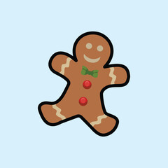 Obraz premium A smiling gingerbread man cookie with a green bow tie and red buttons on a light blue background. Classic holiday treat illustration perfect for festive food and Christmas themes.