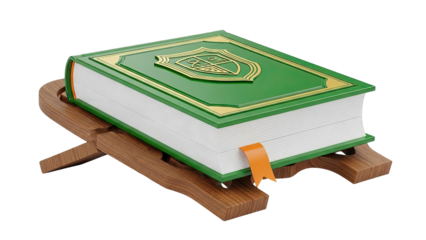 Green Hardcover Book with Gold Emblem on Wooden Stand