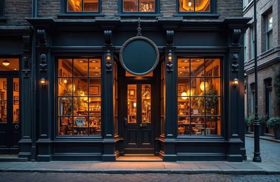 Dark storefront with round blank sign displays warm interior through large windows. Shop facade is brick building exterior at night with ambient light.