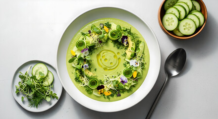 Green Soup Avocado Cucumber Microgreens Edible Flowers Isolated On White