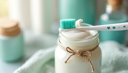 White paste natural toothpaste in glass jar with mint green toothbrush. Eco friendly dental care, clean teeth hygiene in bathroom. Homemade paste texture, oral routine.