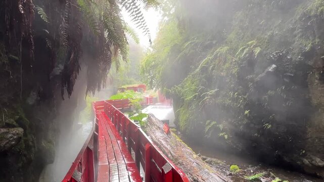 A vertical video moving along a red wooden footpath through lush green nature beside rising steam from geothermal activity. The path leads toward an old wooden water mill at the end.