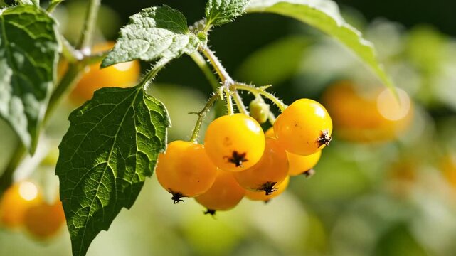 A cluster of bright yellow berries with small black starshaped markings surrounded by green leaves and thin prickly stems