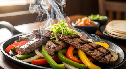 Steak Fajitas Platter With Bell Peppers And Onions