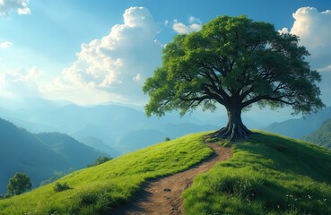 Fototapeta premium Large deciduous tree stands on grassy hill under blue sky with white clouds. Winding dirt path leads up to ancient, expansive plant. Misty mountains form background layers.