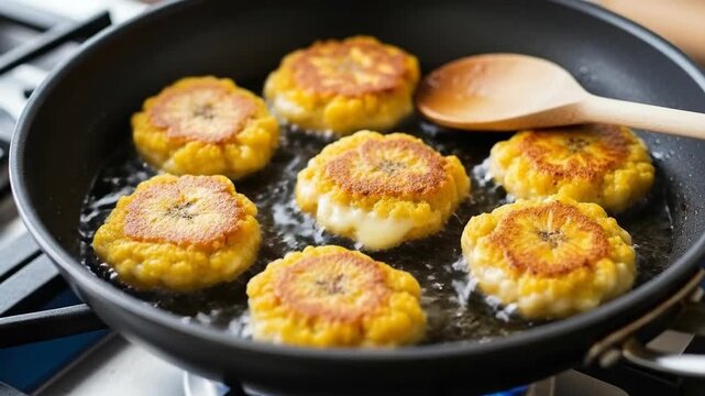 Close-up of fried plantains with cheese being cooked in a pan.
