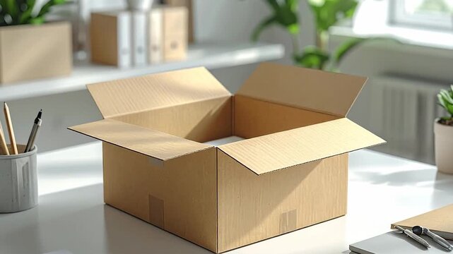 Open cardboard box on a white desk with office supplies in a bright room.