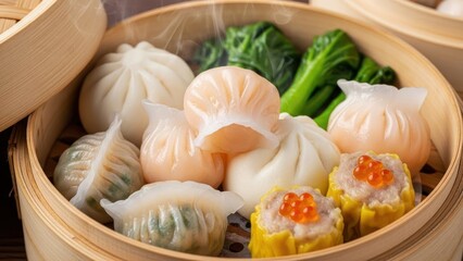 Assorted Asian dim sum delicacies including dumplings and buns in traditional bamboo steamer