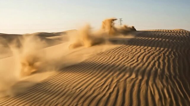 Golden sand dunes create a rippled landscape with blowing sand in the desert.