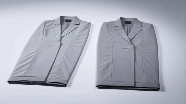 Two identical grey blazers are meticulously folded and presented on a pristine white background. Ideal for fashion.