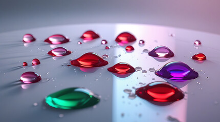 Close-up of colorful water droplets on a reflective surface with a mix of red, purple, and green hues in a gradient background.