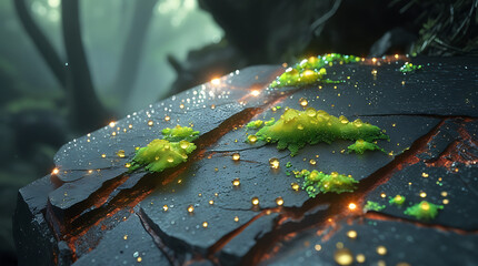 Close-up of glowing green fungi growing on cracked, dark tree bark with sparkling lights in a mystical forest setting with eerie atmosphere.